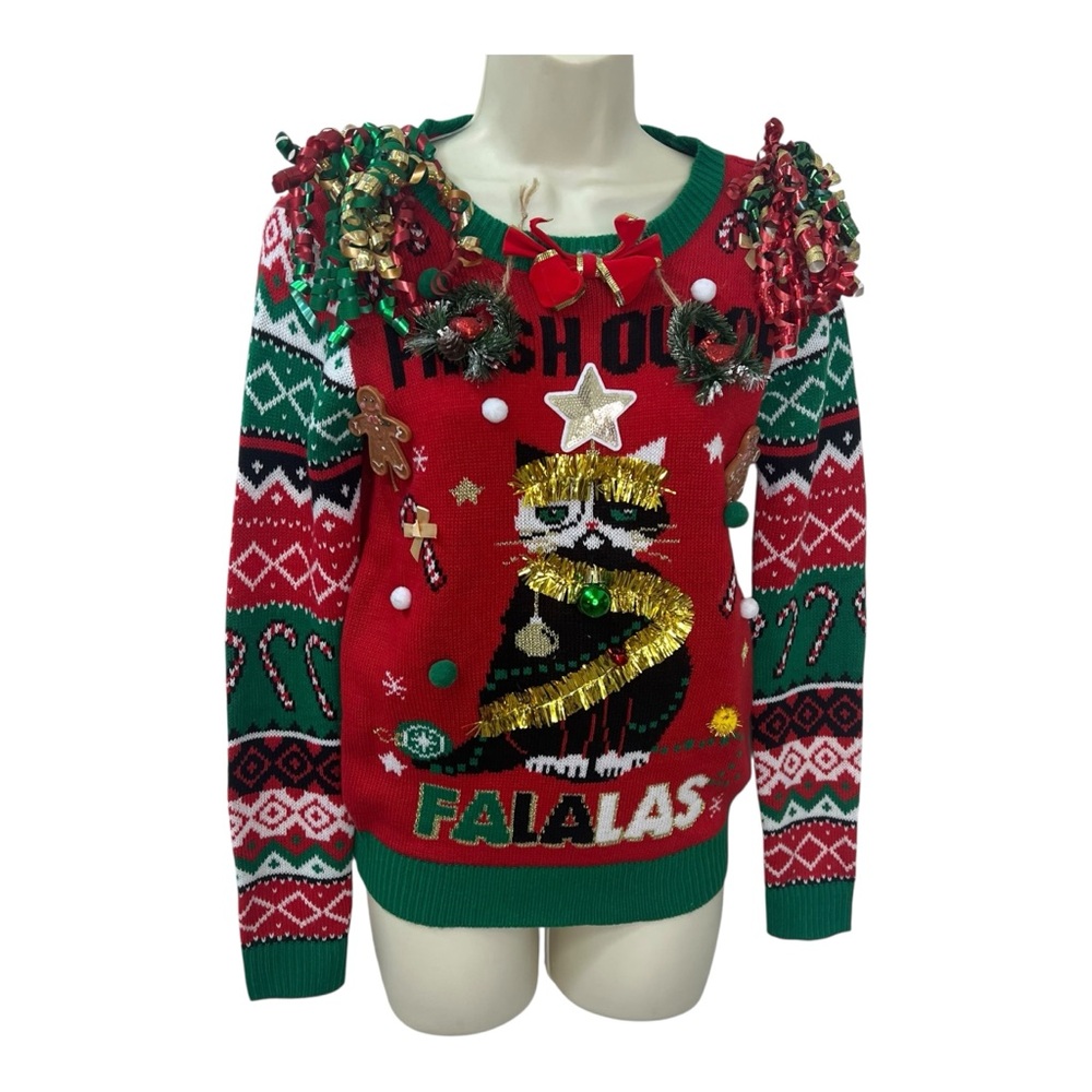 Kitty Cat Upcycled Festive Red and Green Women's Ugly Christmas Sweater